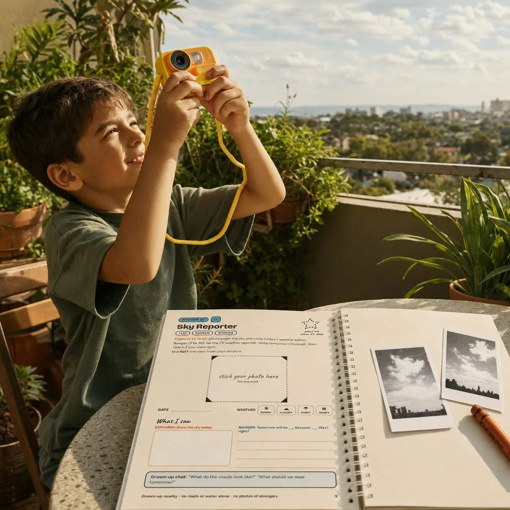 A boy photographing the sky from a flat balcony, the Quest Book open at Mission 07 Sky Reporter