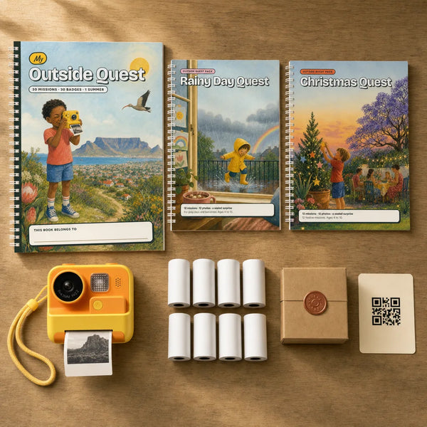 Everything in the Outside Quest kit: the My Outside Quest book, the Rainy Day Quest and Christmas Quest packs, the yellow Quest Cam, 8 paper rolls, the sealed Finish Line Box and the Mission Control start card