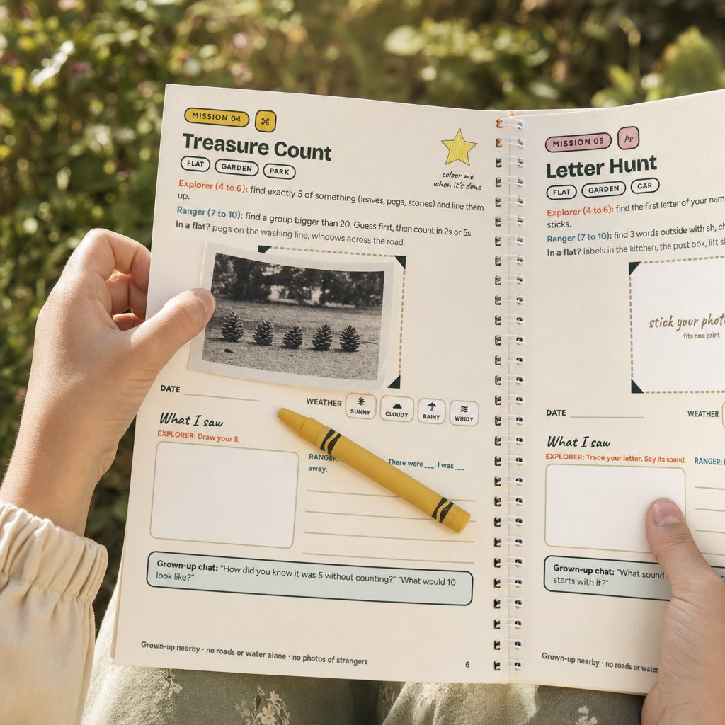 a child sticking a print of five pine cones onto the Treasure Count mission page, its star coloured in