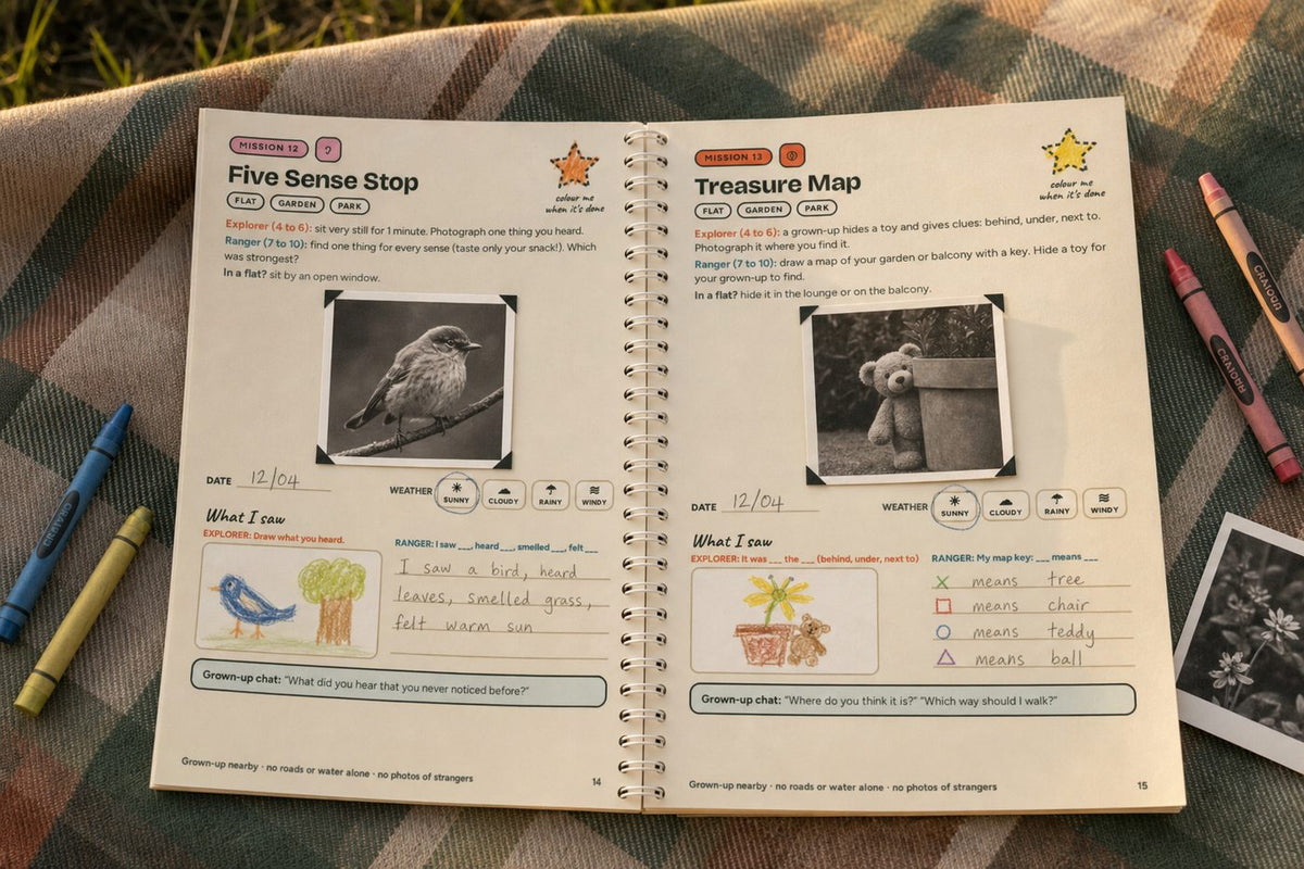 the Quest Book open flat on a picnic blanket at Mission 12 and Mission 13, prints stuck in and stars coloured