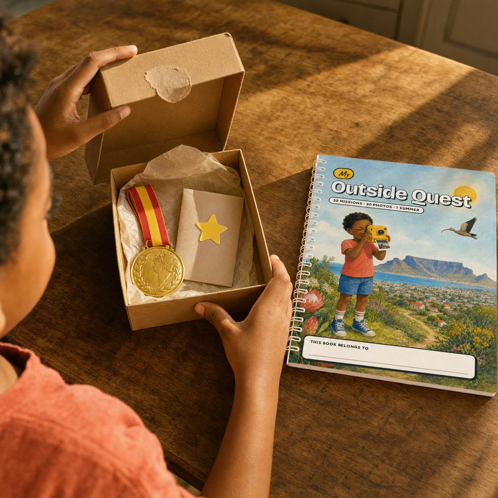 a child lifting the lid of the Finish Line Box: a gold medal and a sealed secret mission card, next to the closed Quest Book