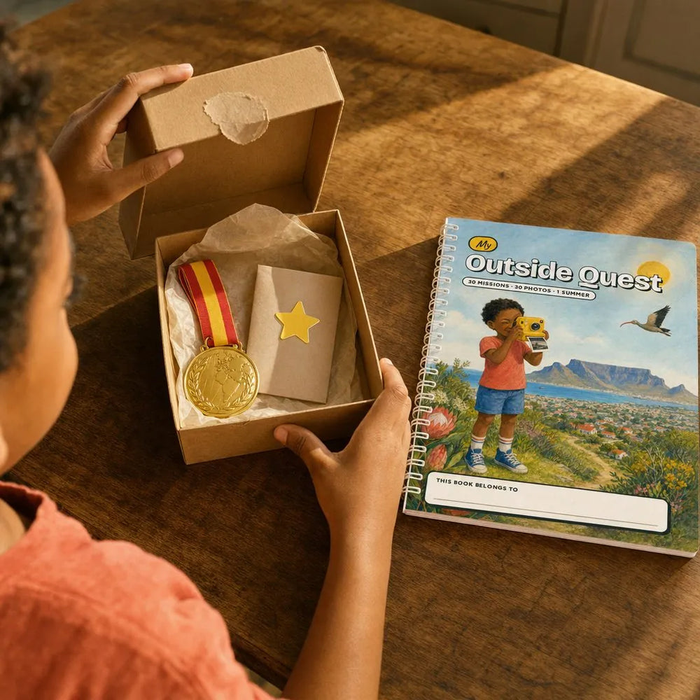 a child lifting the lid of the Finish Line Box: a gold medal and a sealed final mission card, next to the closed Quest Book