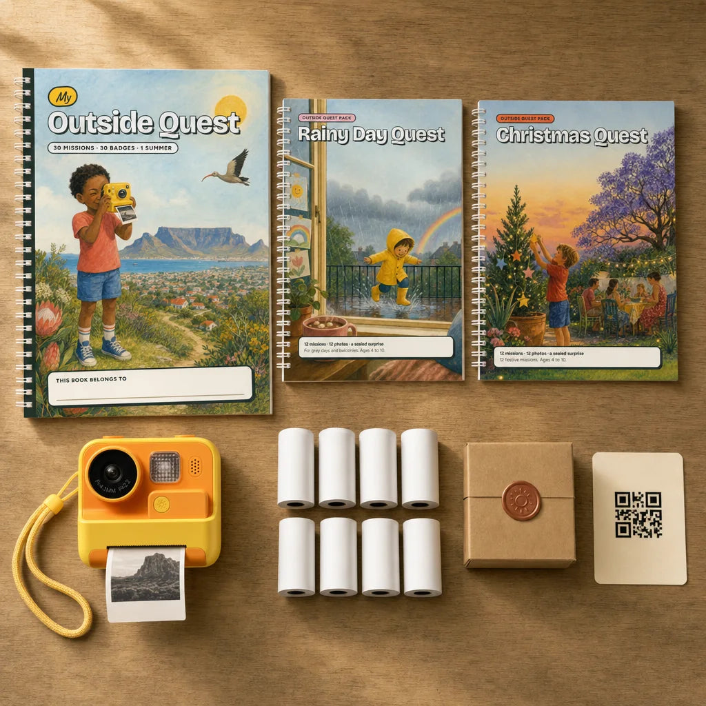 Everything in the Outside Quest kit: the My Outside Quest book, the Rainy Day Quest and Christmas Quest packs, the yellow Quest Cam, 8 paper rolls, the sealed Finish Line Box and the Mission Control start card