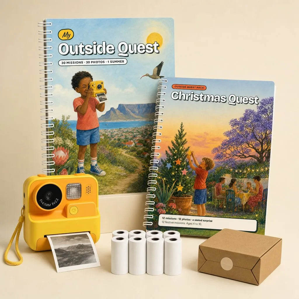 Everything in the Outside Quest kit: Quest Book, Christmas Quest Pack, yellow Quest Cam, 8 paper rolls and the sealed Finish Line Box