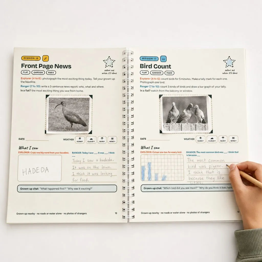 The Quest Book open at Mission 16 Front Page News and Mission 17 Bird Count, prints stuck in