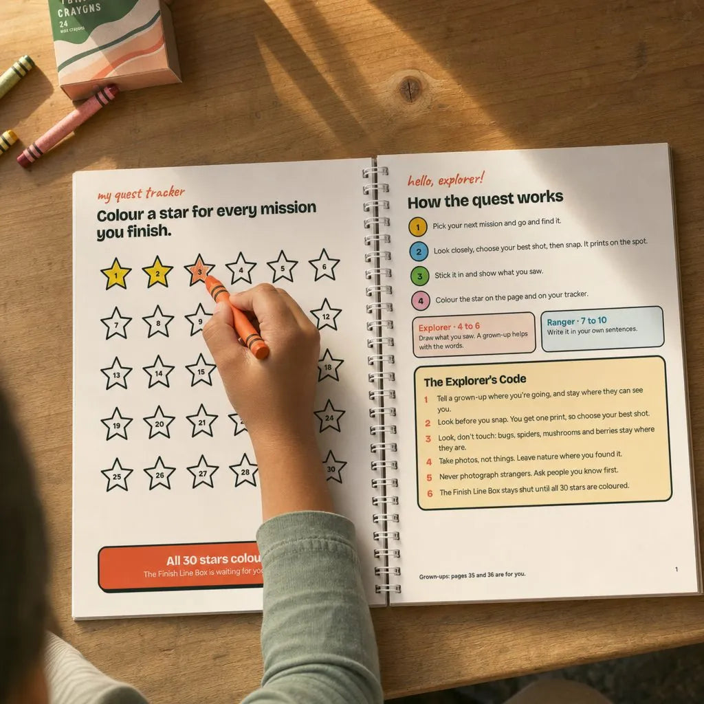 A child colouring star 3 on the quest tracker page