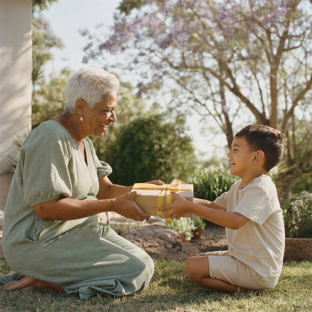 a grandmother handing a gift box with a yellow ribbon to her grandson in the garden