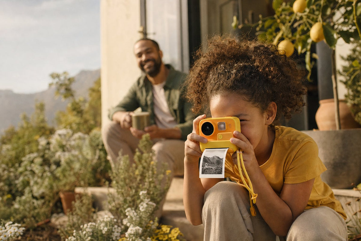 a girl in a garden taking a photo with the yellow Quest Cam while her dad watches