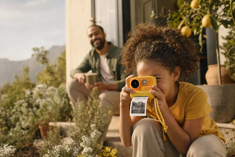 a girl in a garden taking a photo with the yellow Quest Cam while her dad watches