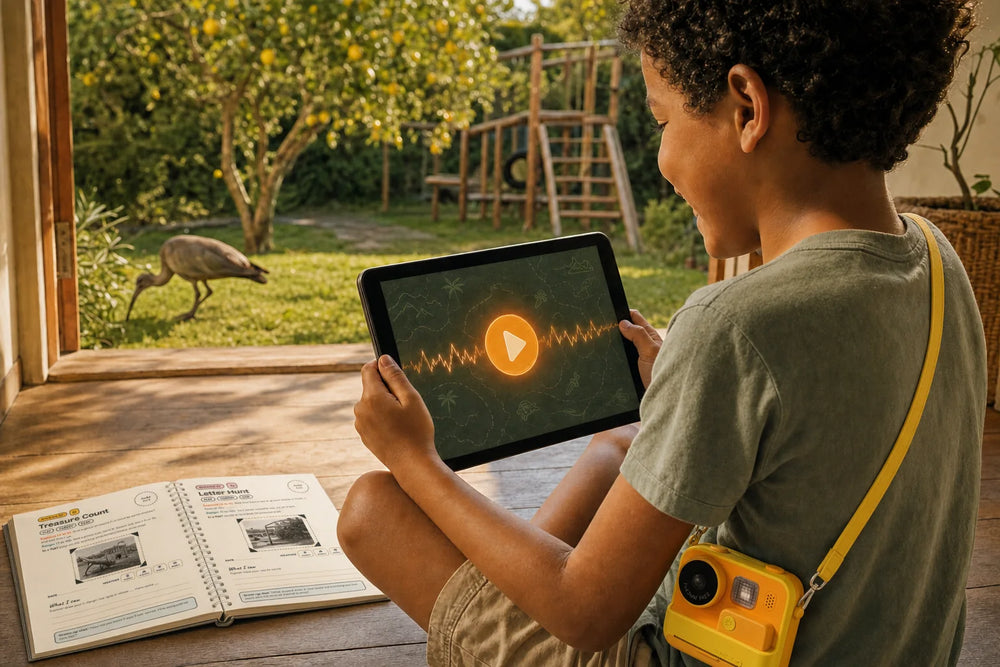 a boy on the stoep grinning at his iPad as the Mission Control briefing plays, the Quest Cam round his neck and the garden waiting outside