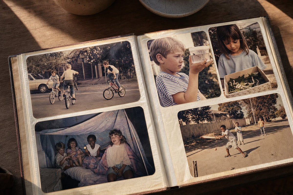 an old family photo album with faded 1990s snapshots of kids on bikes, forts and street cricket