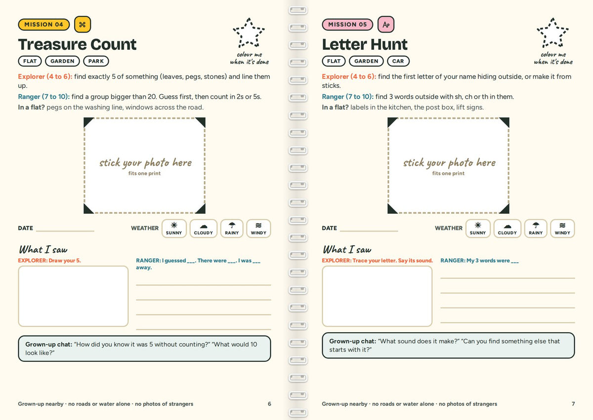 Real pages from the Quest Book: Mission 04 Treasure Count and Mission 05 Letter Hunt