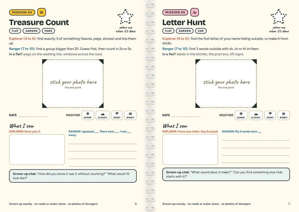 Early proof pages from the Quest Book: two early mission pages