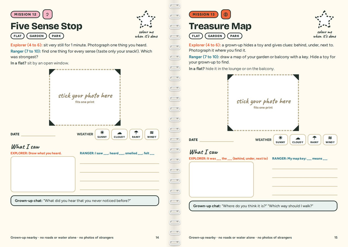 Real pages from the Quest Book: Mission 12 Five Sense Stop and Mission 13 Treasure Map