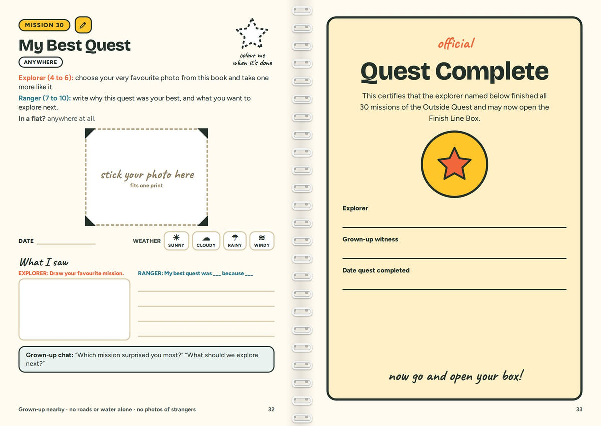 Real pages from the Quest Book: Mission 30 My Best Quest and the Quest Complete certificate