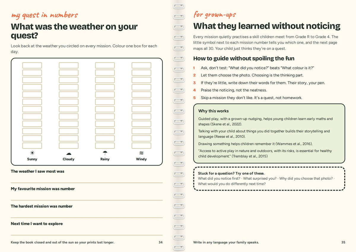 Real pages from the Quest Book: My quest in numbers and the grown-ups page